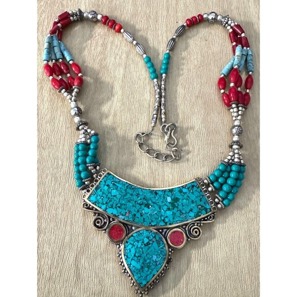 Southwestern Tribal Necklace With Red & Turquoise Howlite Stones Micro Mosaic 19 - Picture 1 of 7